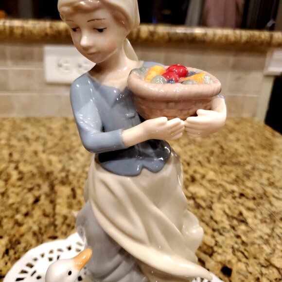 Lladro Style (unbranded) Girl With Fruit Basket And Duck Porcelain Figurine 9” - Picture 5 of 11